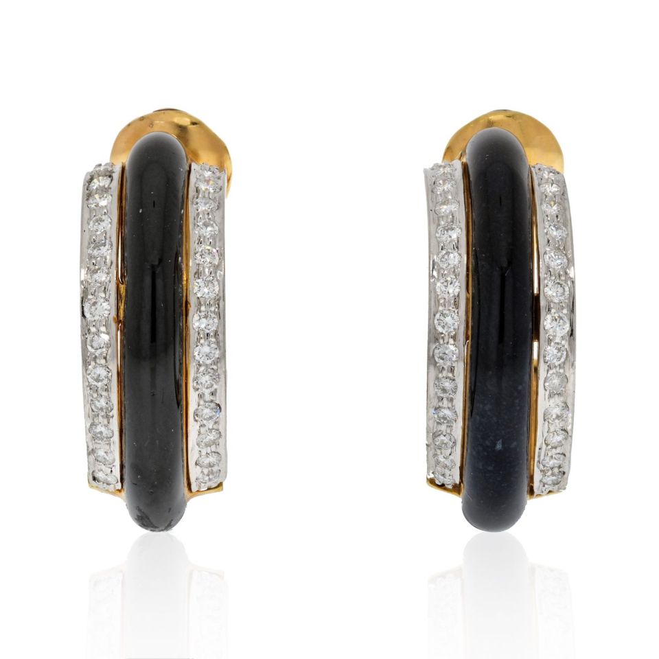 David Webb Platinum & 18K Yellow Gold Black Enamel Diamond Hoop Earrings - The Back Vault