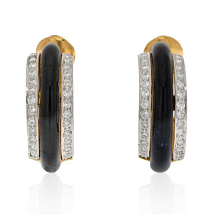 David Webb Platinum & 18K Yellow Gold Black Enamel Diamond Hoop Earrings