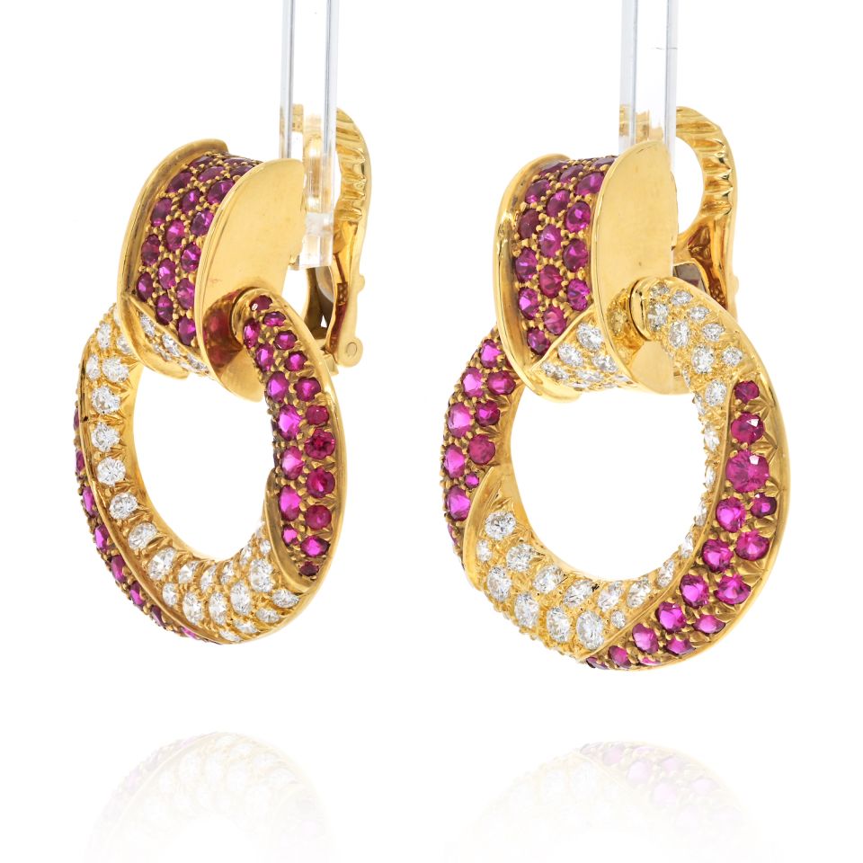 David Webb Platinum & 18K Yellow Gold Diamond, Ruby Door Knocker Clip Earrings - The Back Vault