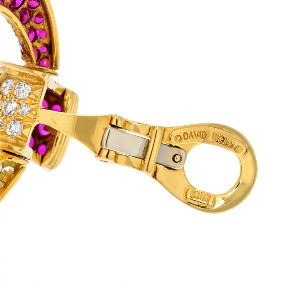 David Webb Platinum & 18K Yellow Gold Diamond, Ruby Door Knocker Clip Earrings - The Back Vault