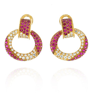 David Webb Platinum & 18K Yellow Gold Diamond, Ruby Door Knocker Clip Earrings