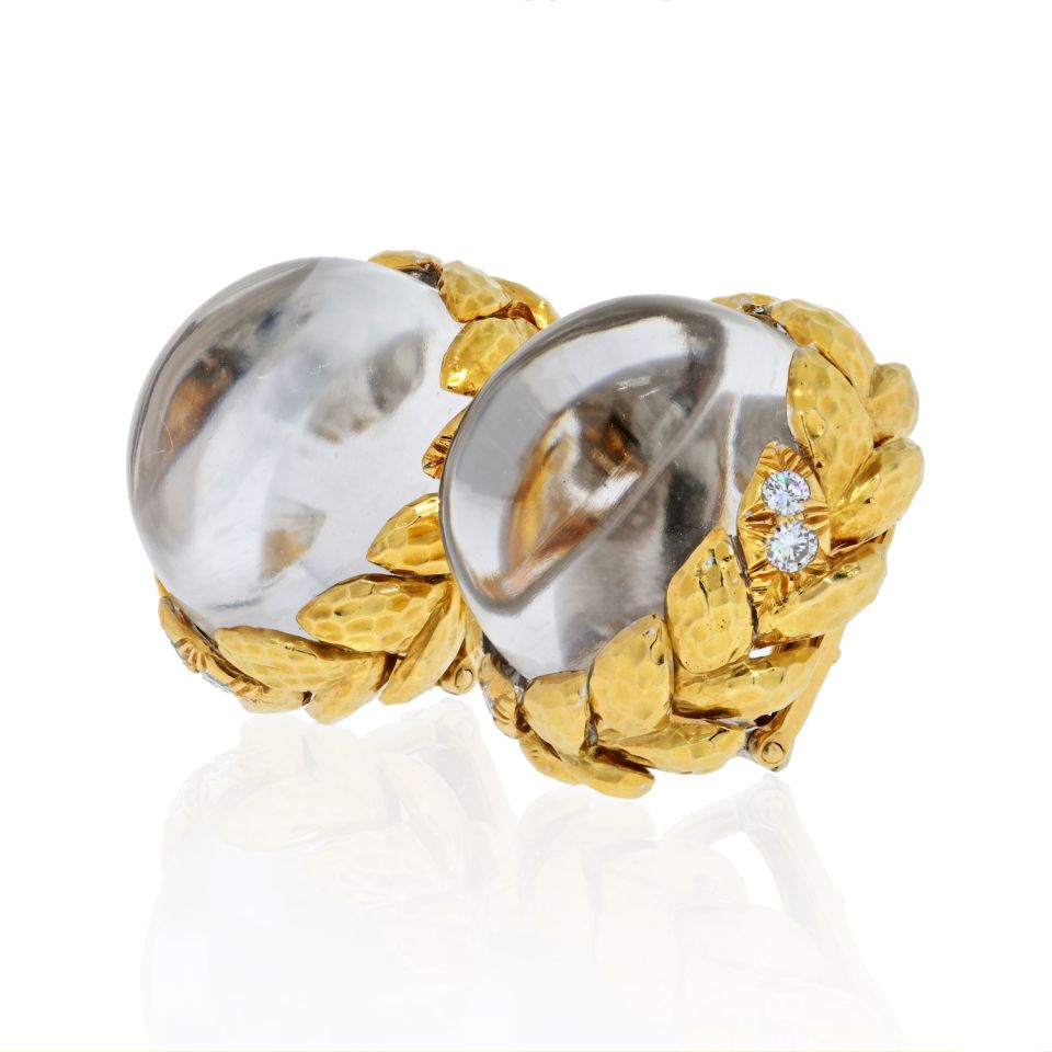 David Webb Platinum & 18K Yellow Gold Domed Rock Crystal Diamond Earrings - The Back Vault