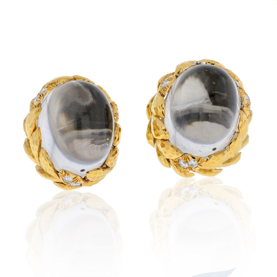 David Webb Platinum & 18K Yellow Gold Domed Rock Crystal Diamond Earrings - The Back Vault