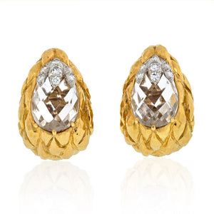 David Webb Platinum & 18K Yellow Gold Rock Crystal Carved Clip On Earrings