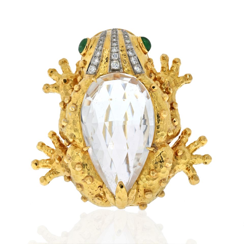 David Webb Platinum & 18K Yellow Gold Rock Crystal Diamond Frog Brooch - The Back Vault