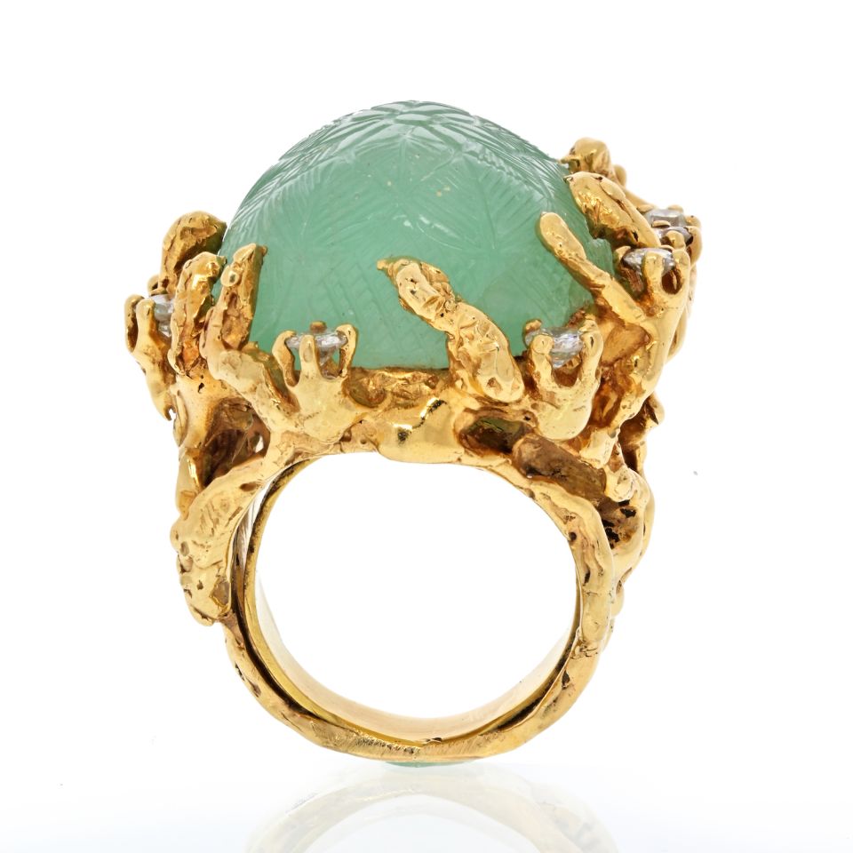 Arthur King 14K Yellow Gold Large Carved Emerald Diamond Ring - The Back Vault