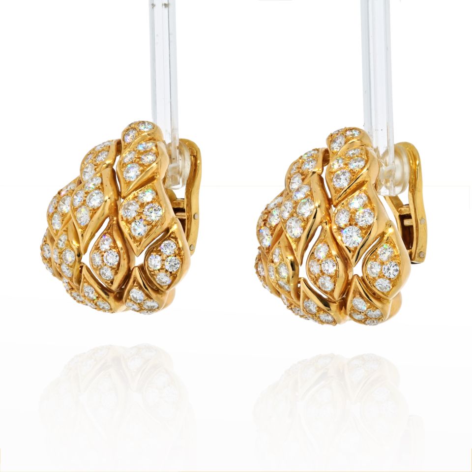 18K Yellow Gold Pyramid Pave Diamond Set Clip Earrings - The Back Vault