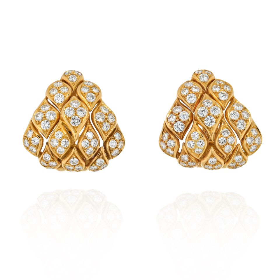 18K Yellow Gold Pyramid Pave Diamond Set Clip Earrings - The Back Vault