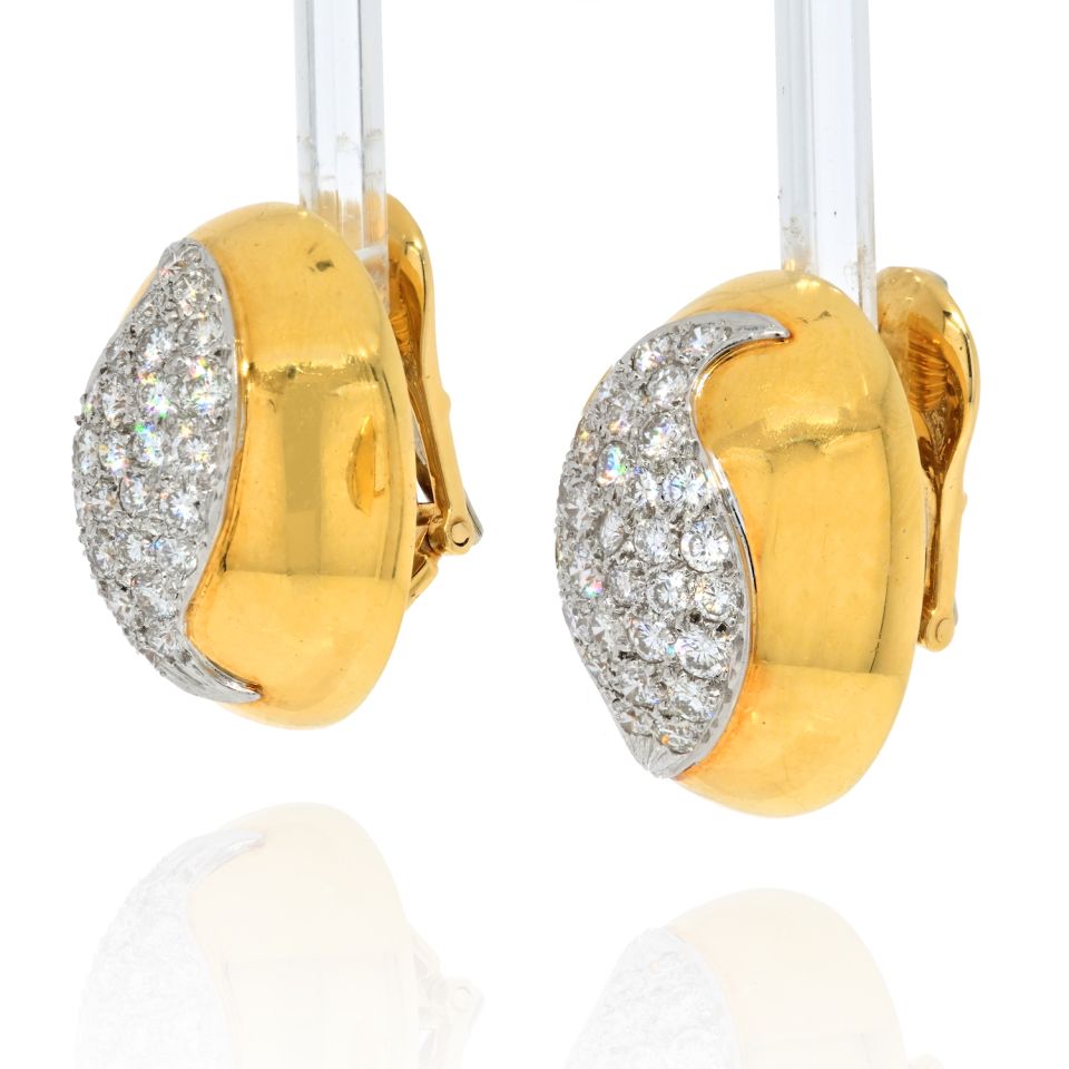 David Webb Platinum & 18K Yellow Gold Oval Bombe Pave Diamond Earrings - The Back Vault