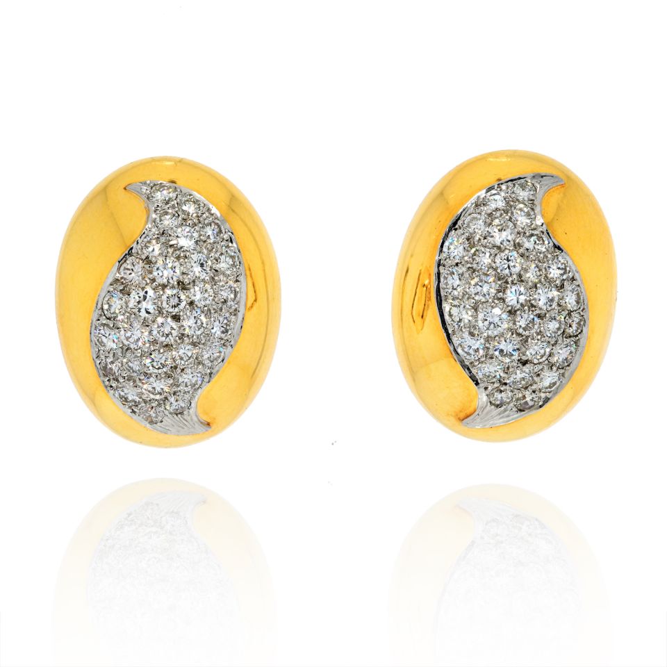 David Webb Platinum & 18K Yellow Gold Oval Bombe Pave Diamond Earrings - The Back Vault