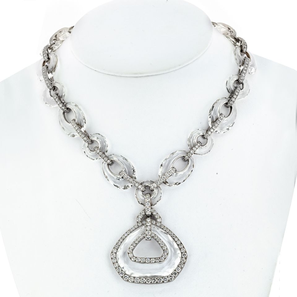 David Webb Platinum & 18K White Gold Carved Rock Crystal Diamond Necklace - The Back Vault