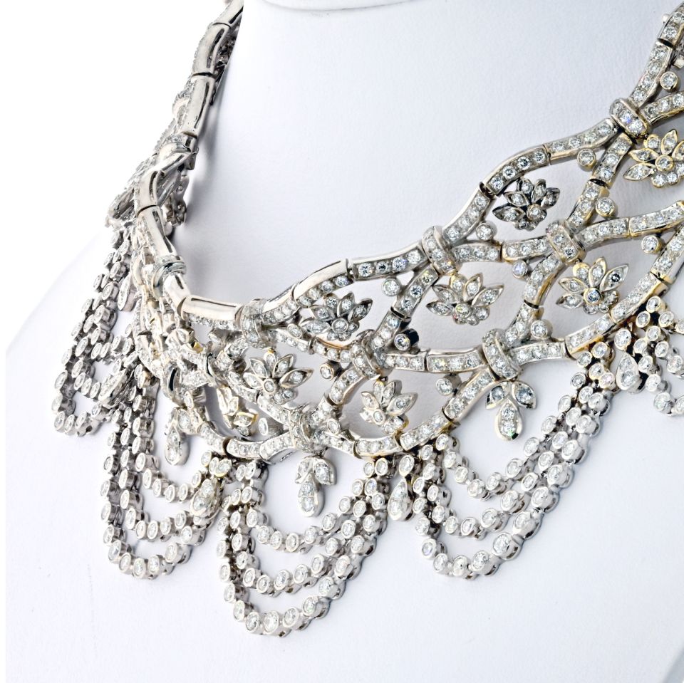 18K White Gold 60 Carat Cleopatra Diamond Bib Necklace - The Back Vault