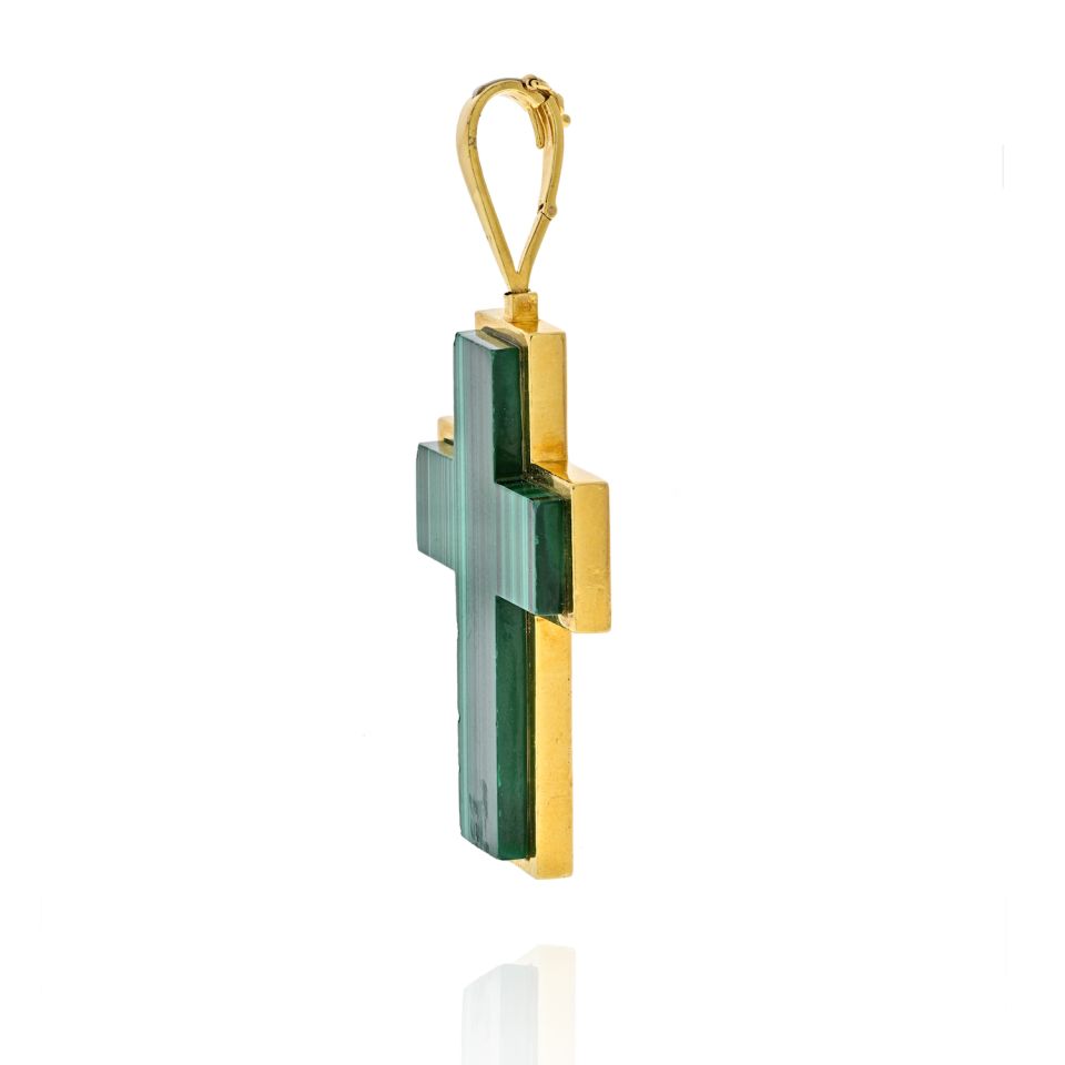 Tiffany & Co. 18K Yellow Gold 1970's Malachite Cross Pendant - The Back Vault