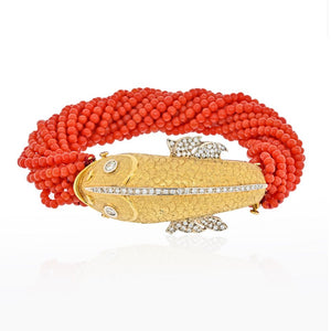 18K Yellow Gold Torsade Coral Strand Fish Bracelet