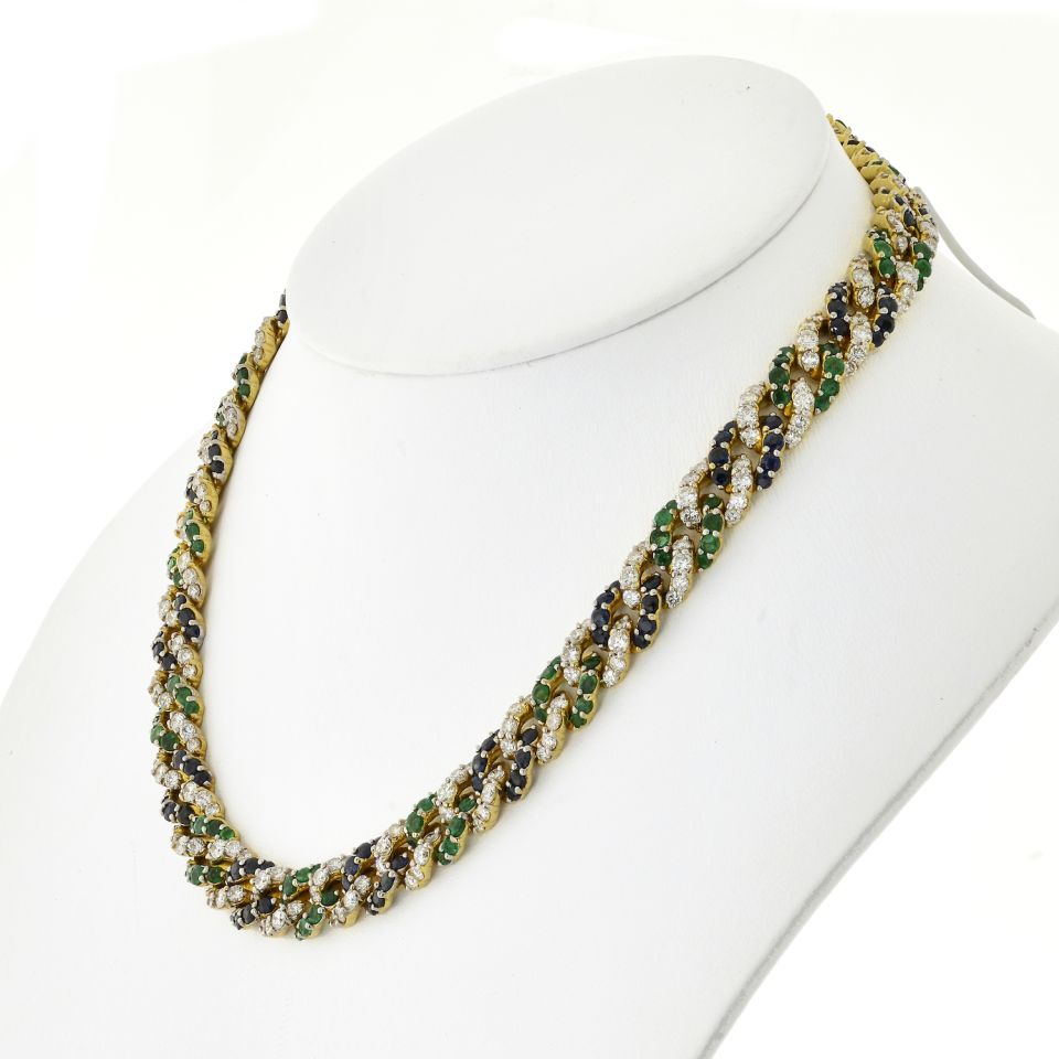 18K Yellow Gold Cuban Link Diamond, Sapphire and Green Emerald Necklace - The Back Vault