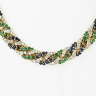 18K Yellow Gold Cuban Link Diamond, Sapphire and Green Emerald Necklace - The Back Vault