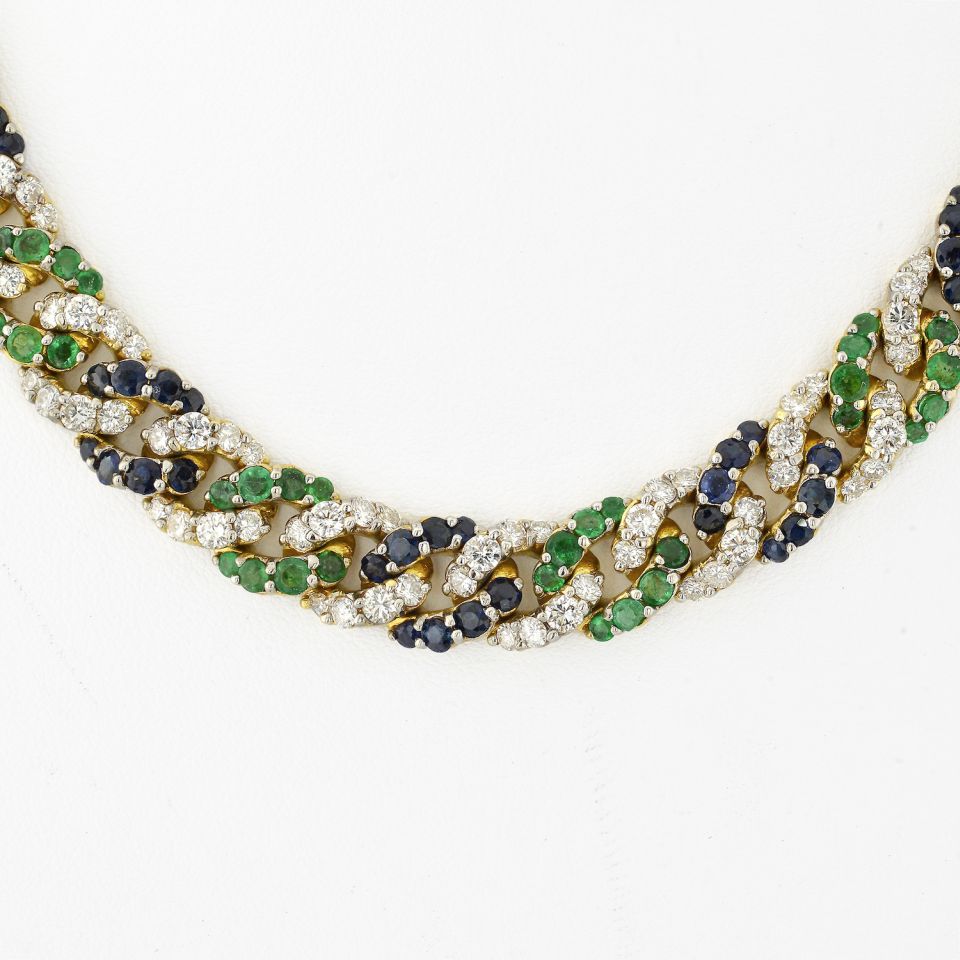 18K Yellow Gold Cuban Link Diamond, Sapphire and Green Emerald Necklace - The Back Vault