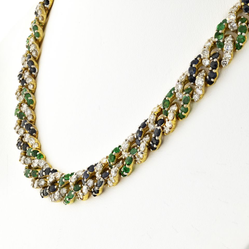 18K Yellow Gold Cuban Link Diamond, Sapphire and Green
