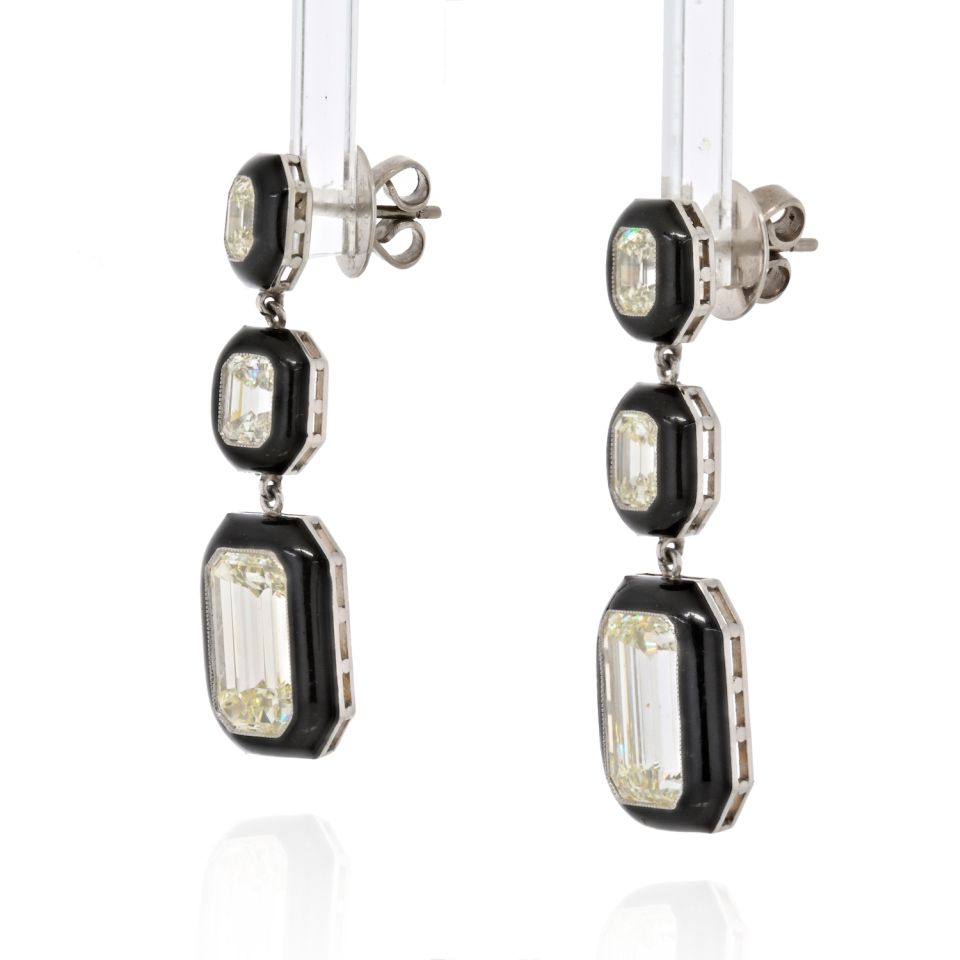 7 Carats Emerald Cut Diamond And Black Enamel Drop Earrings - The Back Vault