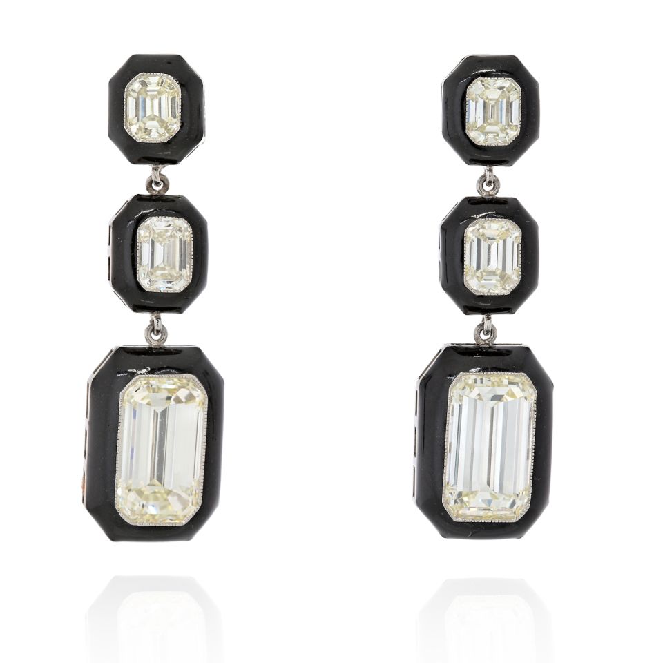 7 Carats Emerald Cut Diamond And Black Enamel Drop Earrings - The Back Vault