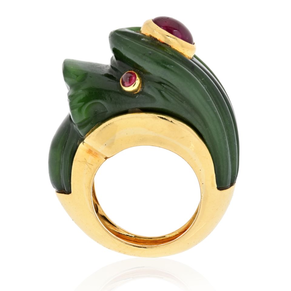 David Webb 18K Yellow Gold Nephrite, Ruby Lion Ring - The Back Vault