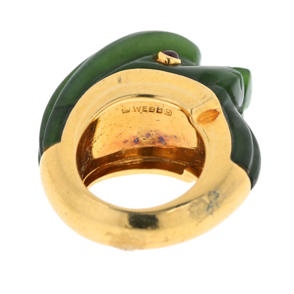 David Webb 18K Yellow Gold Nephrite, Ruby Lion Ring - The Back Vault