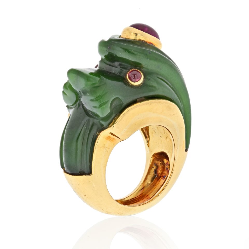 David Webb 18K Yellow Gold Nephrite, Ruby Lion Ring - The Back Vault