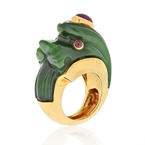 David Webb 18K Yellow Gold Nephrite, Ruby Lion Ring