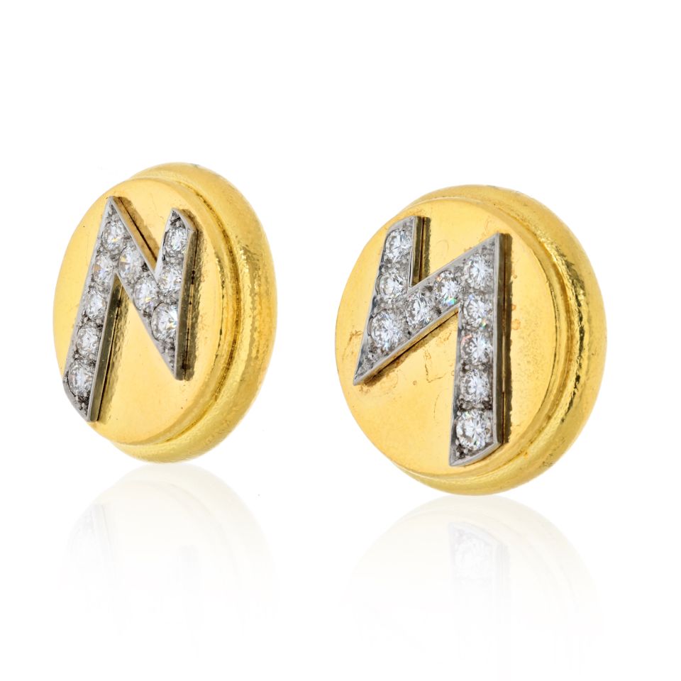 David Webb Platinum & 18K Yellow Gold Round Disks With Diamond Blot Lightning Earrings - The Back Vault