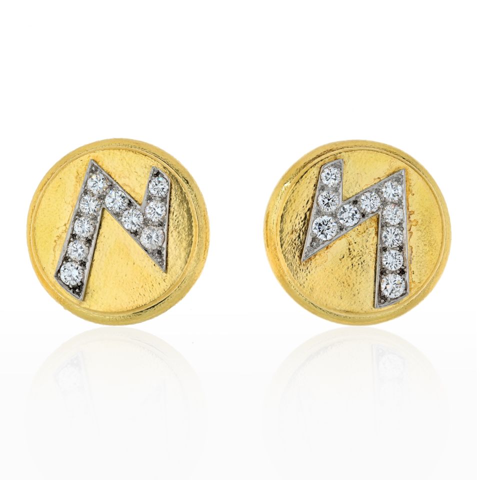 David Webb Platinum & 18K Yellow Gold Round Disks With Diamond Blot Lightning Earrings - The Back Vault