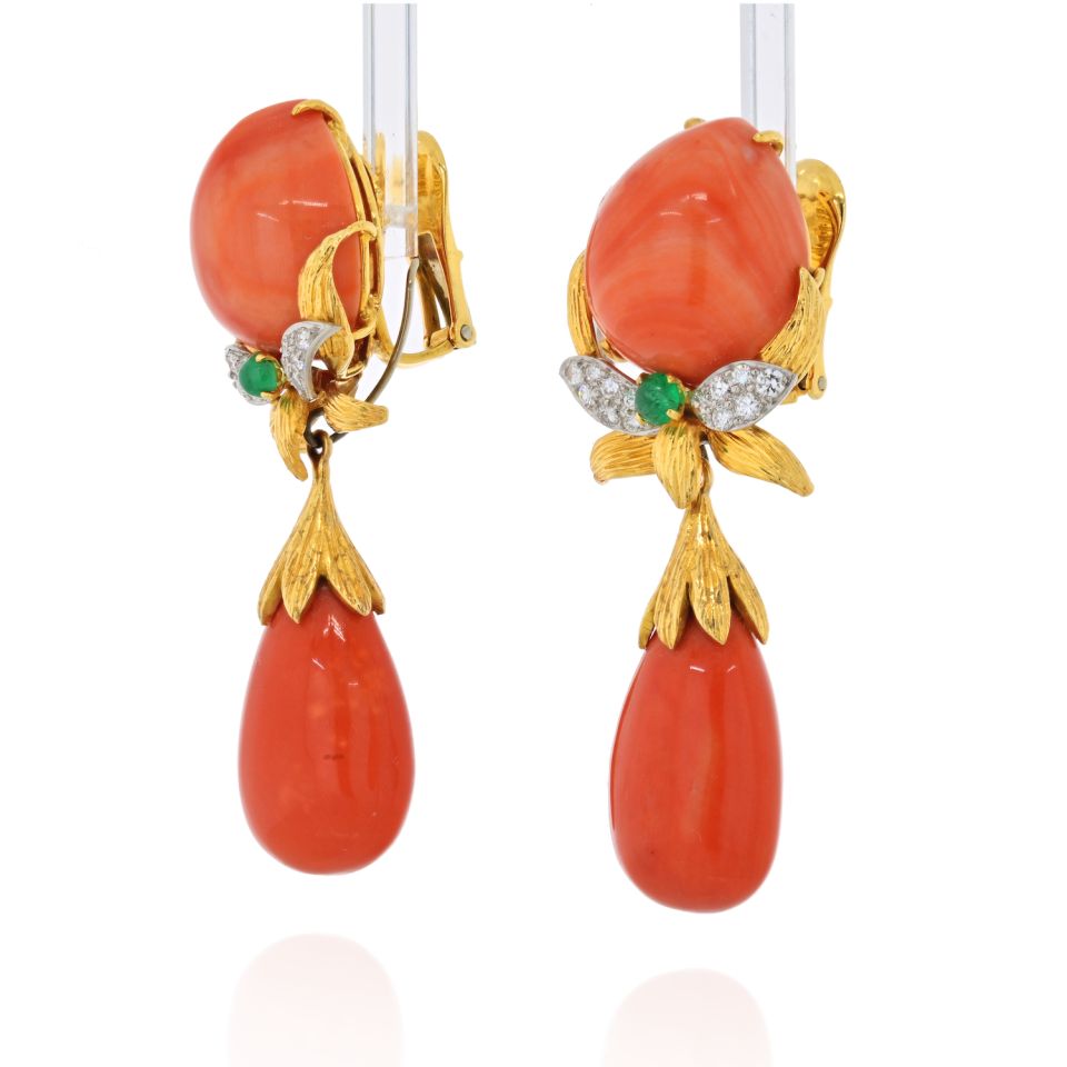 David Webb 18K Yellow Gold Natural Coral Day To Night Dangling Earrings - The Back Vault