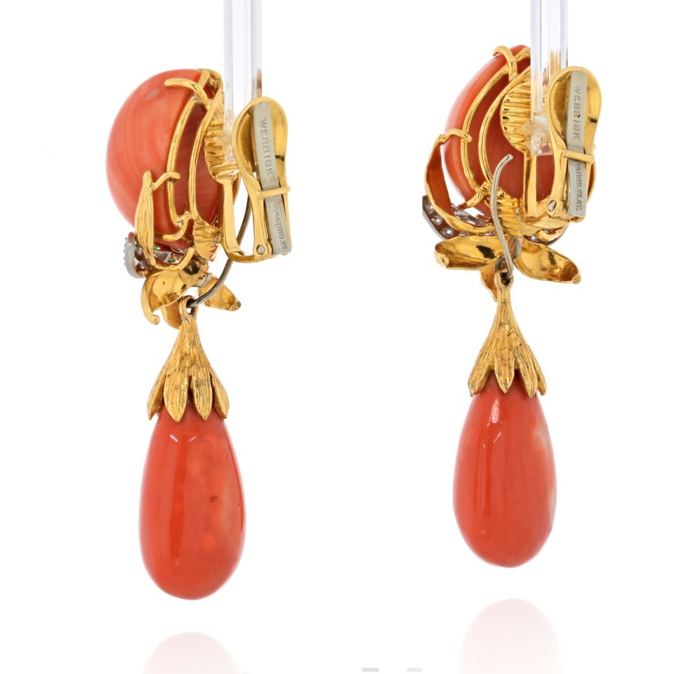 David Webb 18K Yellow Gold Natural Coral Day To Night Dangling Earrings - The Back Vault