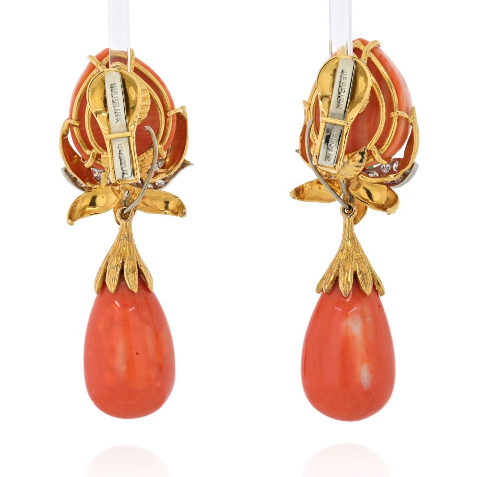 David Webb 18K Yellow Gold Natural Coral Day To Night Dangling Earrings - The Back Vault