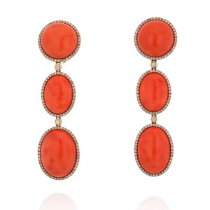 18K Yellow Gold Oval Cut Coral Drop Triple Tier Diamond Pave Earrings