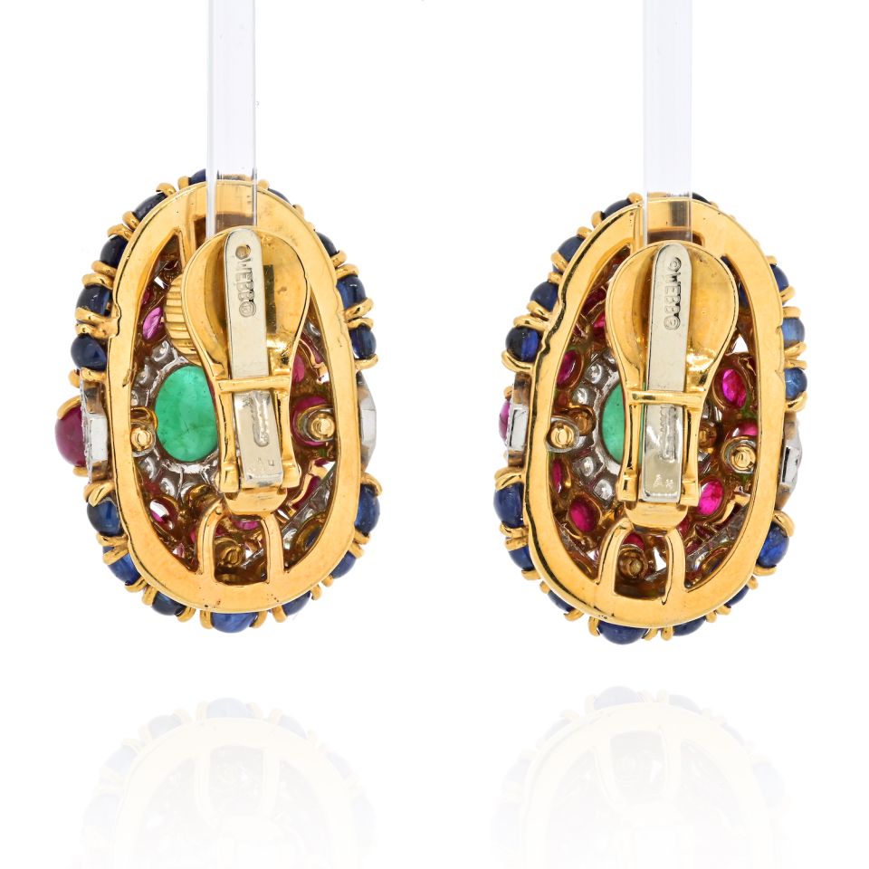 David Webb Platinum & 18K Yellow Gold 1980's Color Gemstone Red, Green And Blue Diamond Earrings - The Back Vault