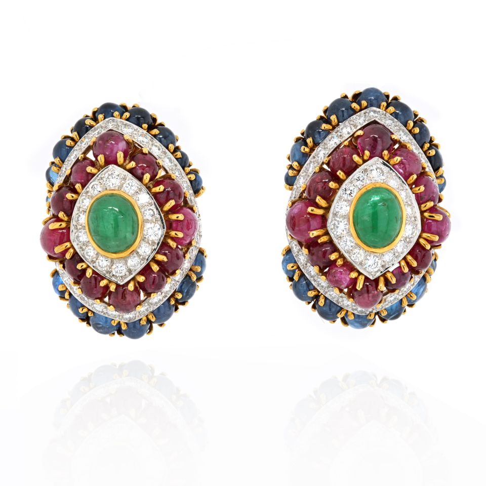 David Webb Platinum & 18K Yellow Gold 1980's Color Gemstone Red, Green And Blue Diamond Earrings - The Back Vault