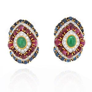 David Webb Platinum & 18K Yellow Gold 1980's Color Gemstone Red, Green And Blue Diamond Earrings