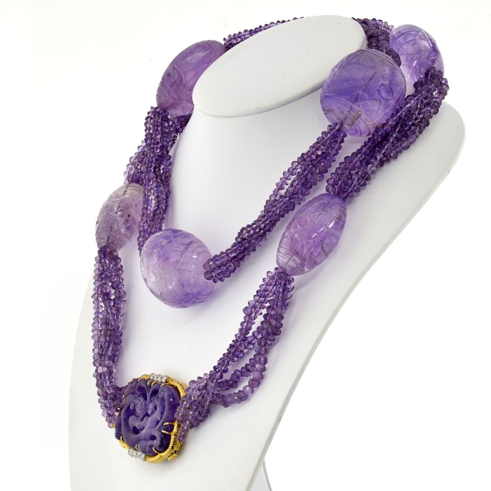 David Webb Platinum & 18K Yellow Gold Carved Amethyst Multi-Strand Lavender Bead Necklace - The Back Vault