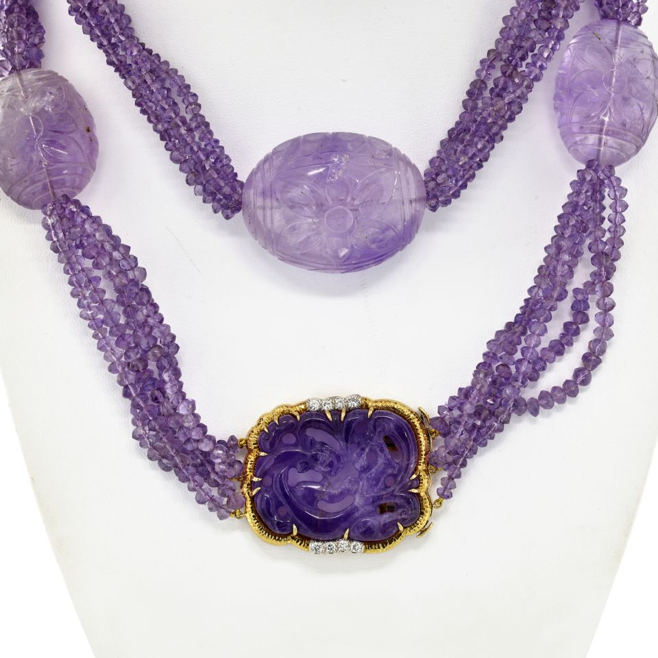 David Webb Platinum & 18K Yellow Gold Carved Amethyst Multi-Strand Lavender Bead Necklace - The Back Vault