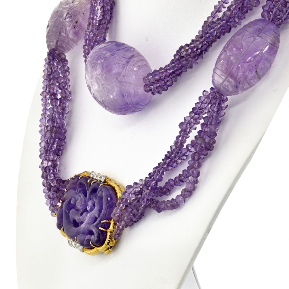 David Webb Platinum & 18K Yellow Gold Carved Amethyst Multi-Strand Lavender Bead Necklace - The Back Vault