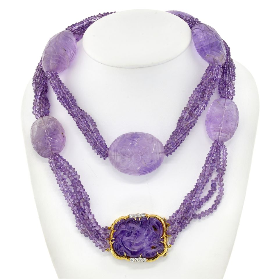 David Webb Platinum & 18K Yellow Gold Carved Amethyst Multi-Strand Lavender Bead Necklace - The Back Vault