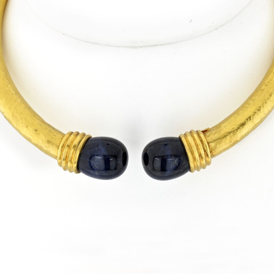 Lalaounis 22K Yellow Gold Hammered Lapis Collar Hinged Necklace - The Back Vault