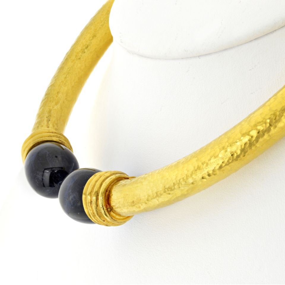 Lalaounis 22K Yellow Gold Hammered Lapis Collar Hinged Necklace - The Back Vault