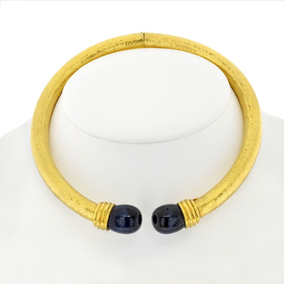 Lalaounis 22K Yellow Gold Hammered Lapis Collar Hinged Necklace - The Back Vault