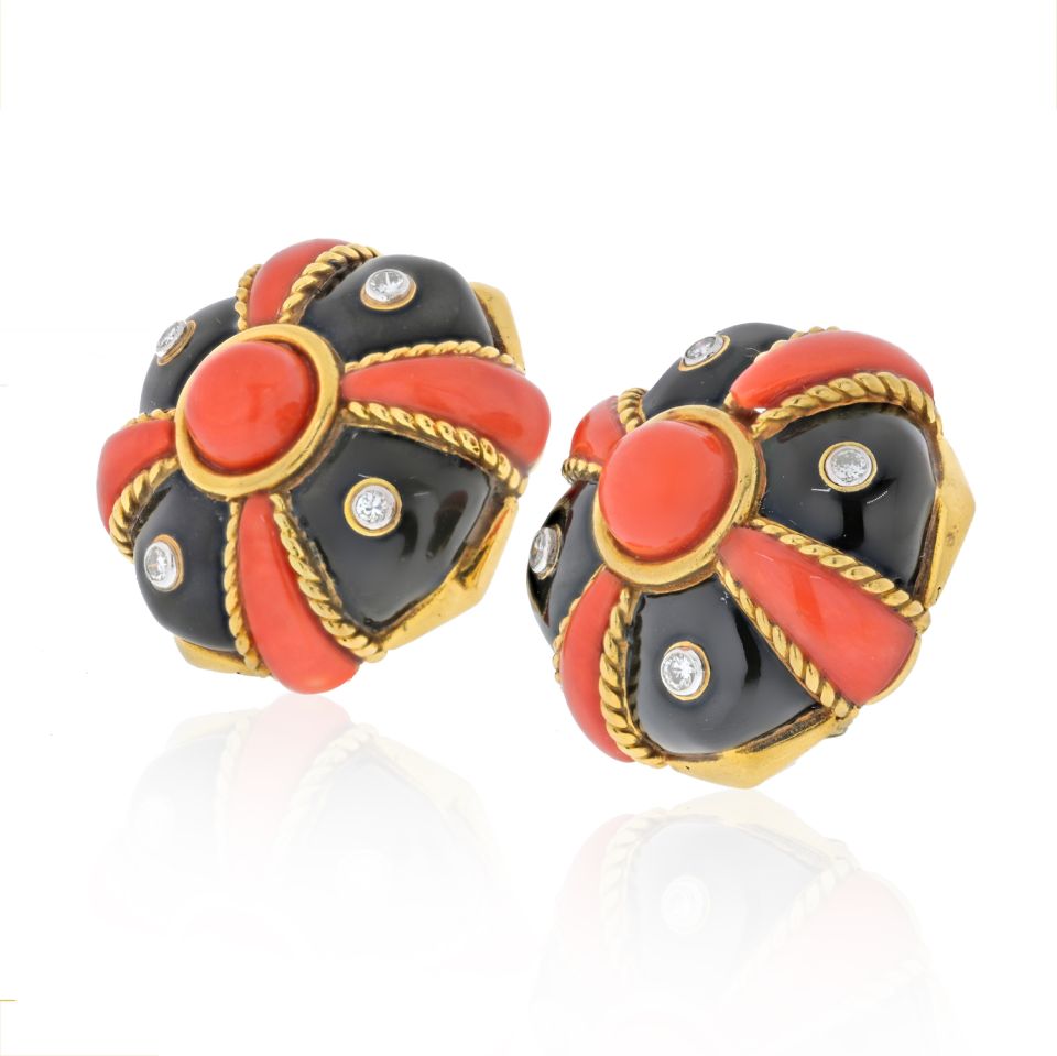 David Webb 18K Yellow Gold Coral, Black Enamel And Diamond Bombe Earrings - The Back Vault