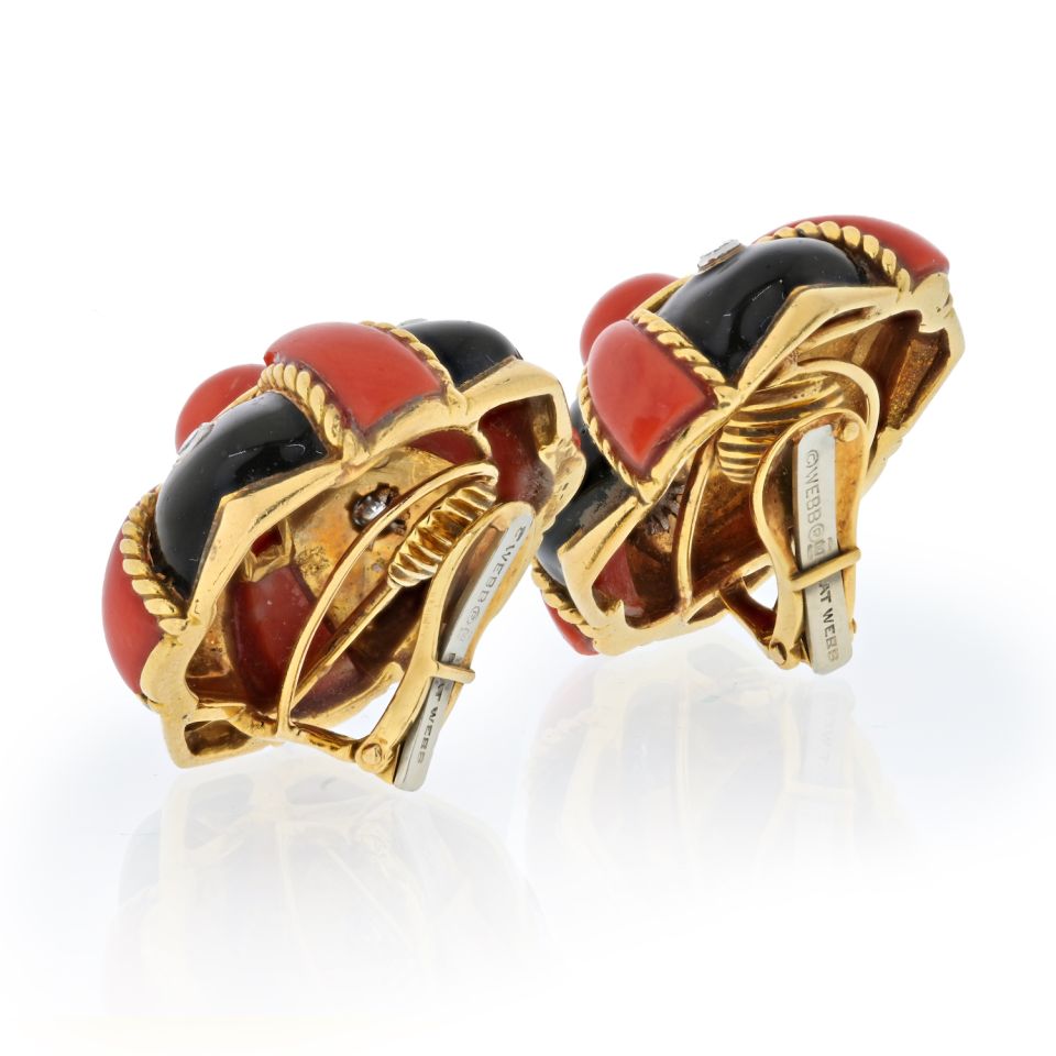 David Webb 18K Yellow Gold Coral, Black Enamel And Diamond Bombe Earrings - The Back Vault