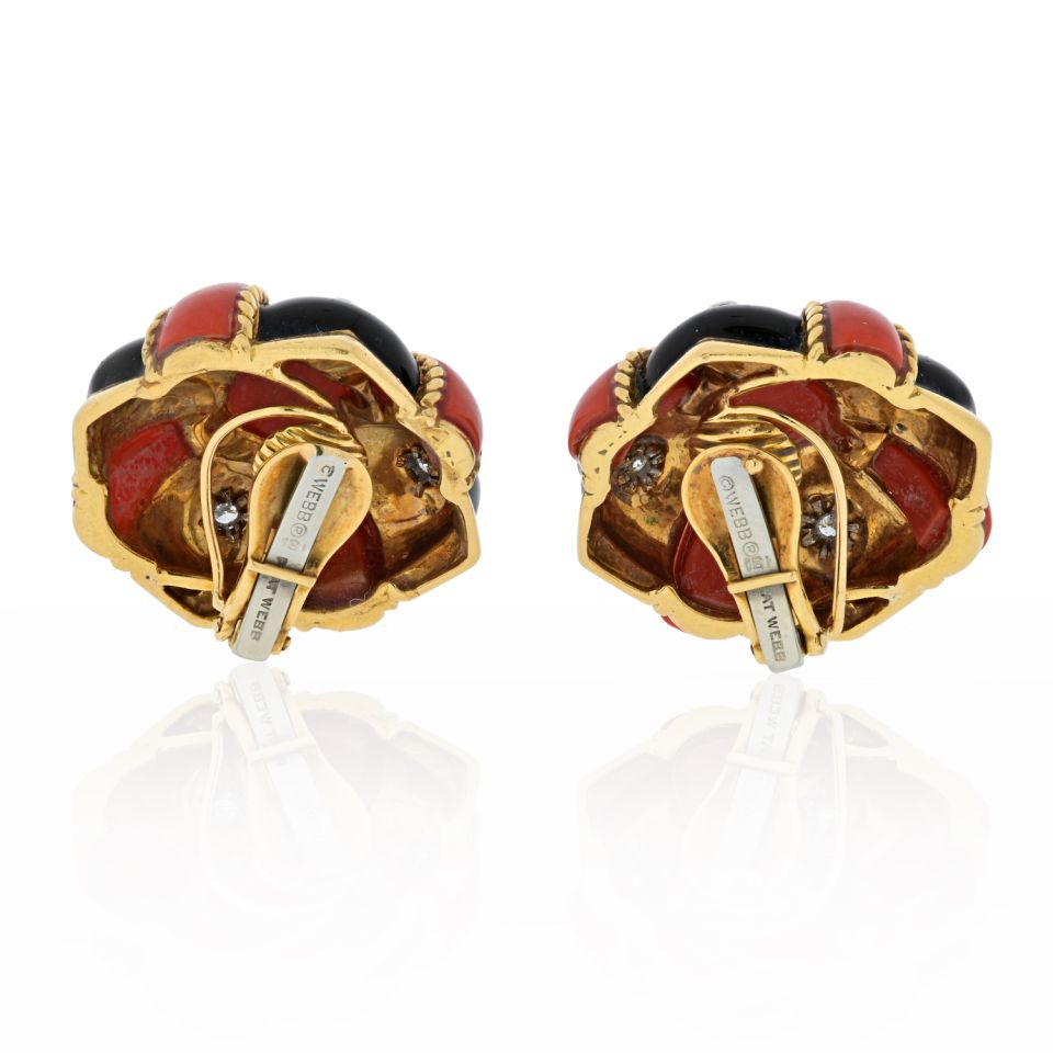 David Webb 18K Yellow Gold Coral, Black Enamel And Diamond Bombe Earrings - The Back Vault