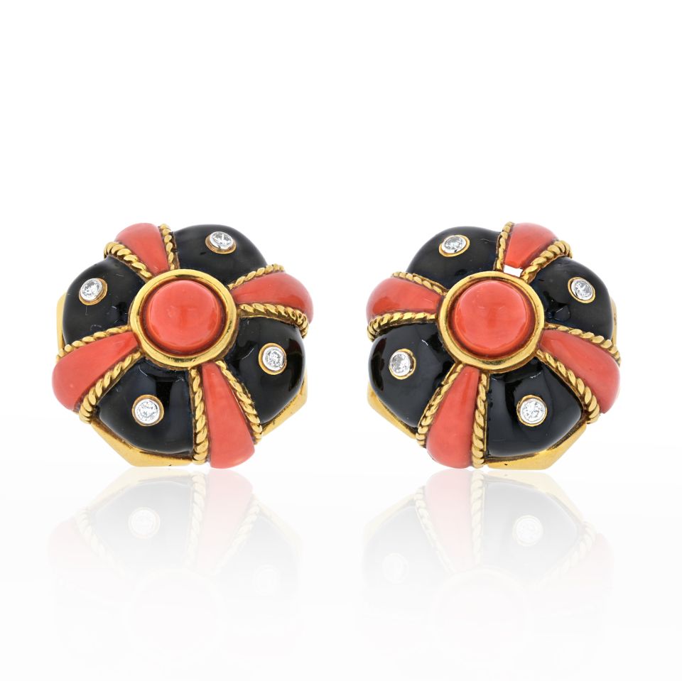 David Webb 18K Yellow Gold Coral, Black Enamel And Diamond Bombe Earrings - The Back Vault