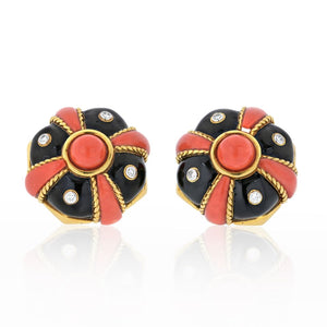 David Webb 18K Yellow Gold Coral, Black Enamel And Diamond Bombe Earrings