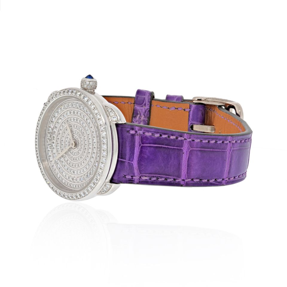 Hermes 18K White Gold AR6.592 32mm Diamond Arceau Purple Alligator Watch - The Back Vault